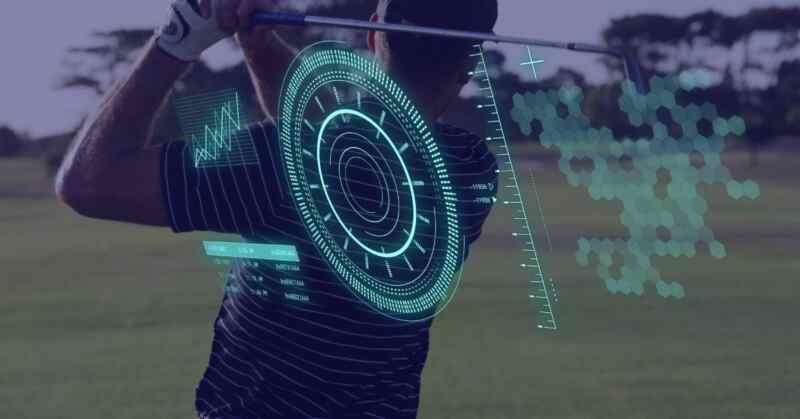 A green grid is in front of a man, measuring his activity as he swings on the golf course with the club behind his head.