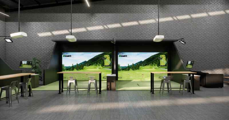 Indoor golf simulator with two hitting bays, large course screens, stools, and modern industrial-style lighting.