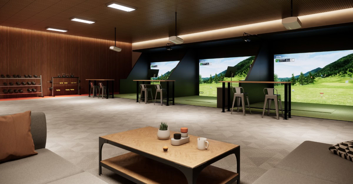 A Modern indoor sports simulator room with large projection screens, golf bays, bar seating, and a lounge area.