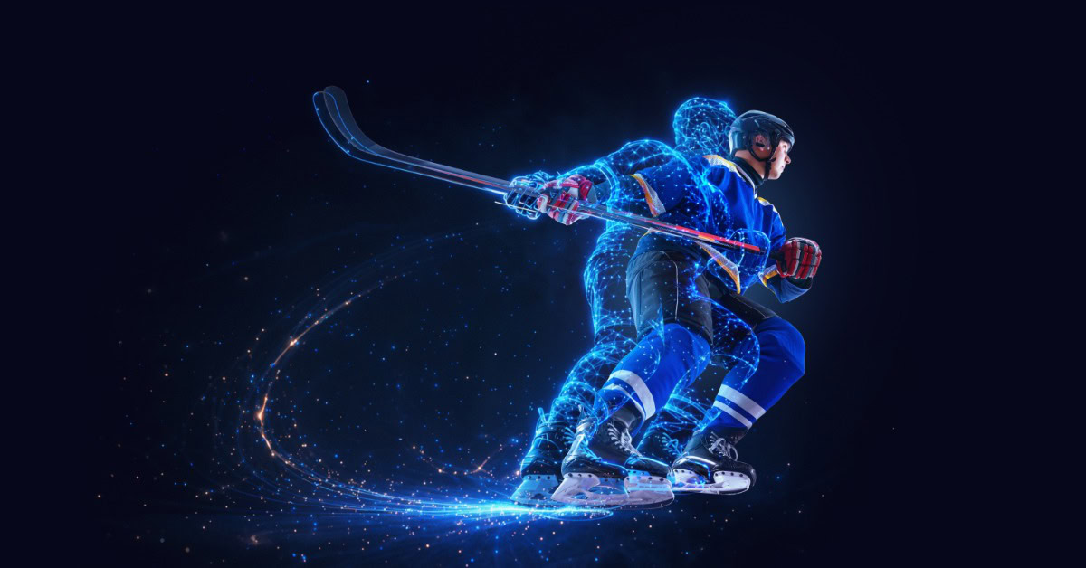 A hockey player skates forward with glowing digital motion effects trailing behind on a dark blue background.