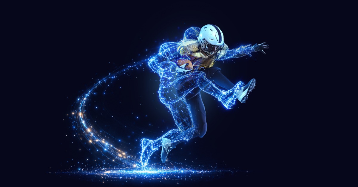 A digital football player running with a ball, shown as a glowing anatomical figure with red muscle fibers.